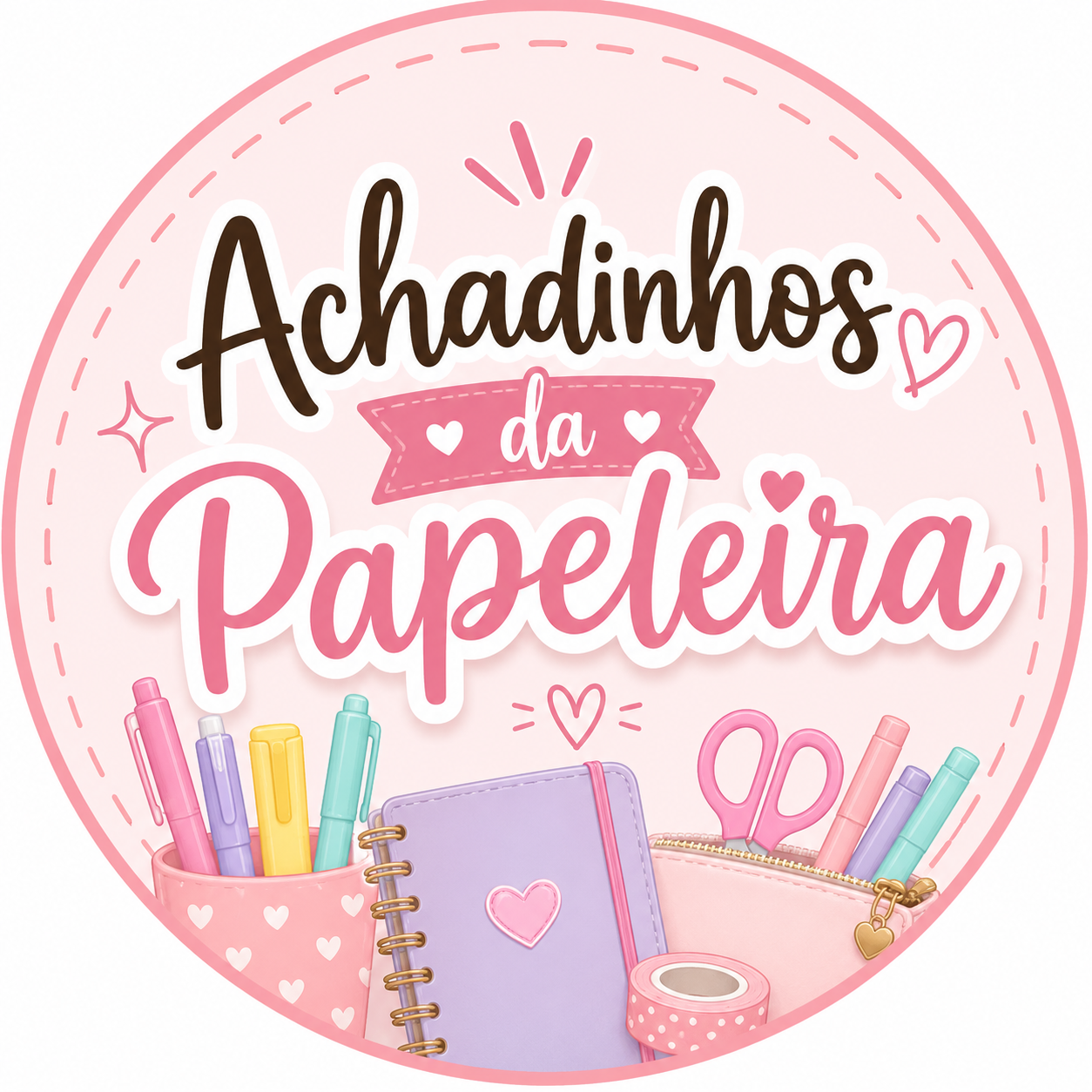 Logo do grupo Achadinhos da Papeleira, com ilustrações de caderno, canetas, tesoura e washi tape em tons de rosa e lilás