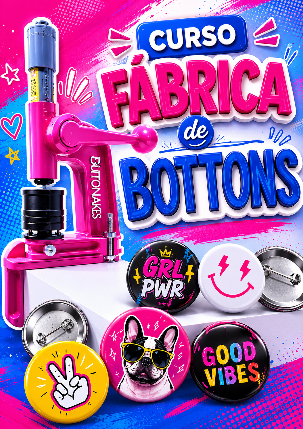 Máquina de bottons rosa e bottons personalizados coloridos do curso Fábrica de Bottons